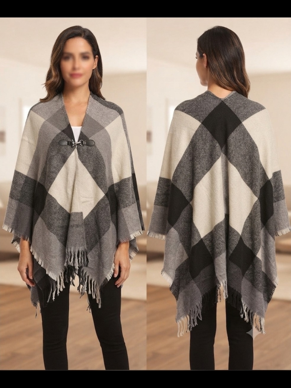 Time and Tru Grey and Black Plaid Cape Poncho - New With Tags